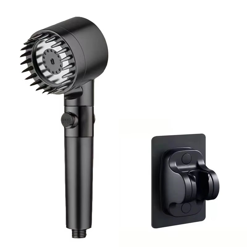 Plain black shower head with a black wall-mount bracket, white background