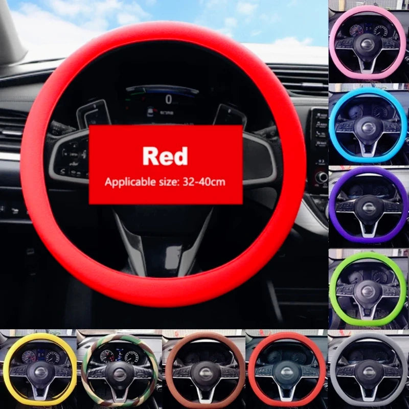 Red silicone cover fitted on a steering wheel with color swatch thumbnails for pink, cyan, purple, green, and more
