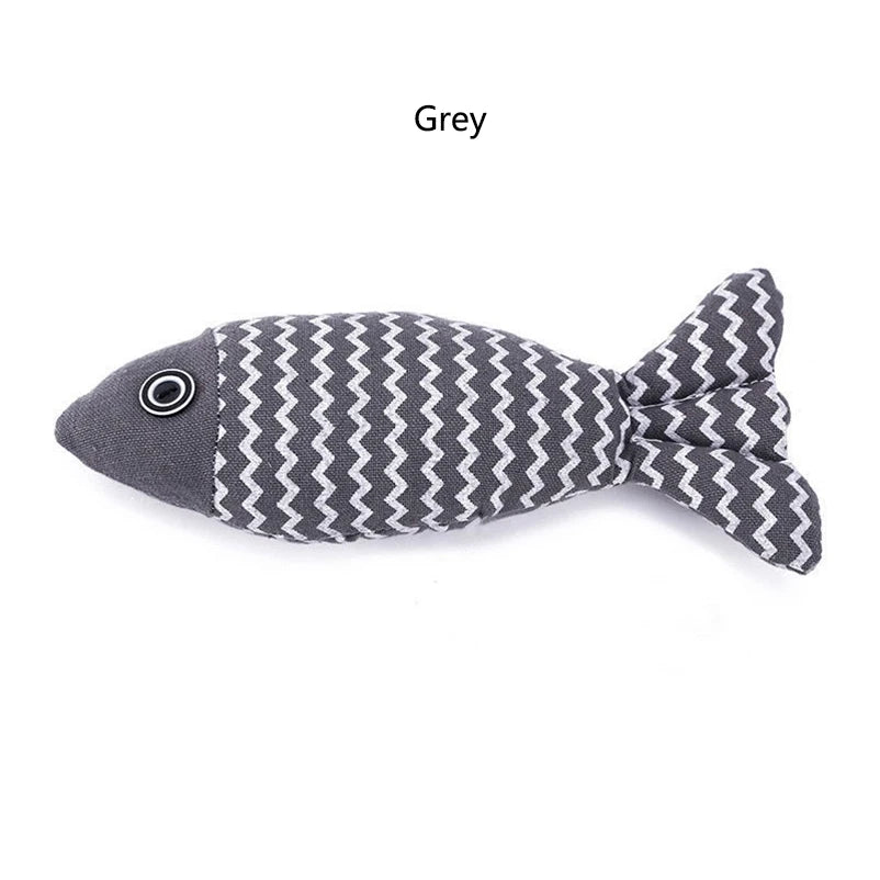 Grey striped fabric fish toy with button eye, labeled Grey, on white background