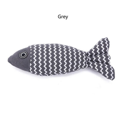 Grey striped fabric fish toy with button eye, labeled Grey, on white background
