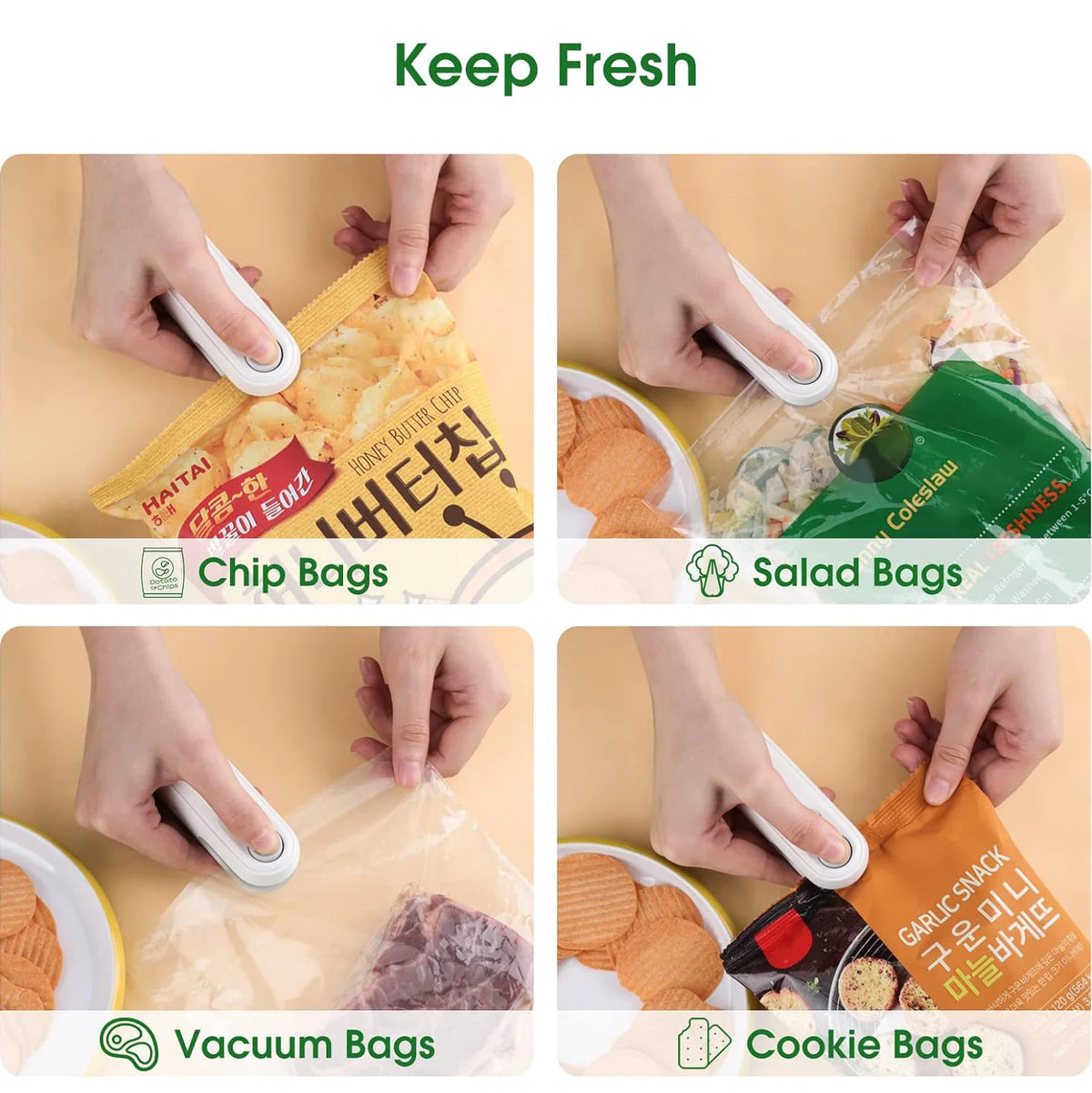 Four-panel Keep Fresh collage showing the sealer used on chip, salad, vacuum, and cookie bags