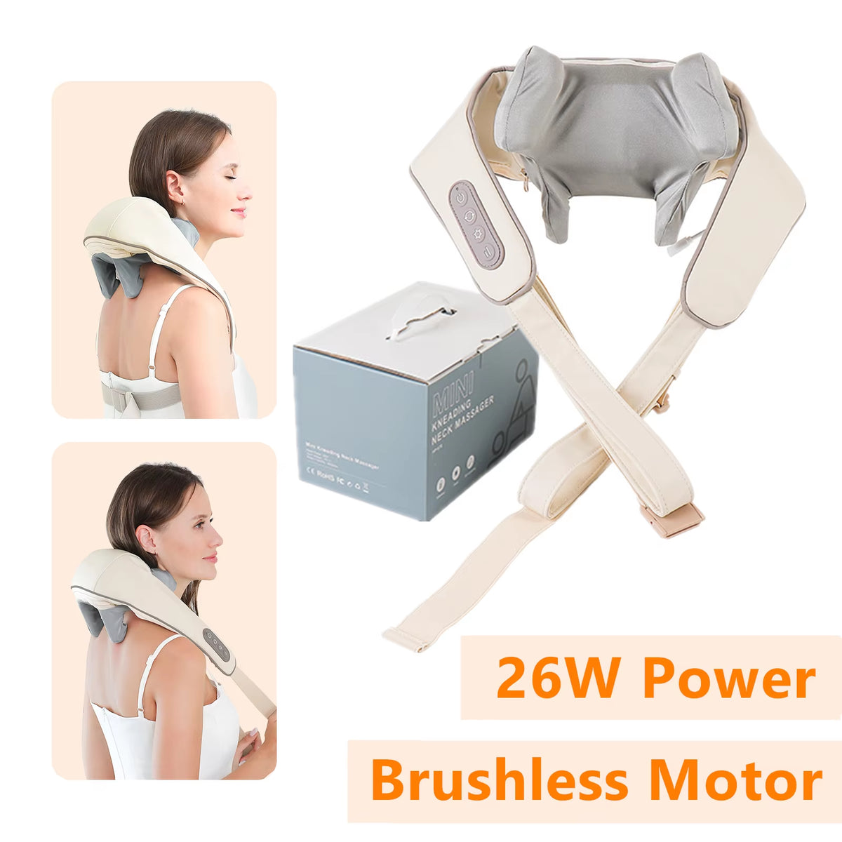 Cream and grey neck massager with straps crossed, shown beside its grey Mini Kneading Neck Massager retail box