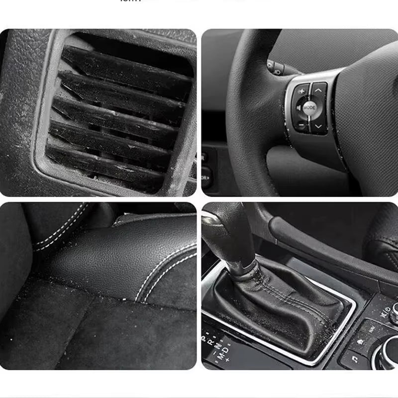 Four close-up photos of the brush cleaning a dusty air vent, steering wheel buttons, seat seam, and gear shifter