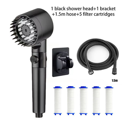 Black shower head kit including bracket, 1.5-meter hose and 5 filter cartridges laid out, white background