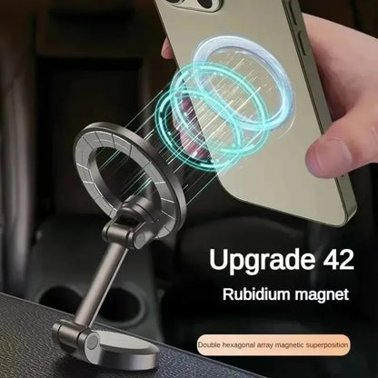 Hand holding a phone above the mount with glowing teal rings illustrating the magnetic alignment