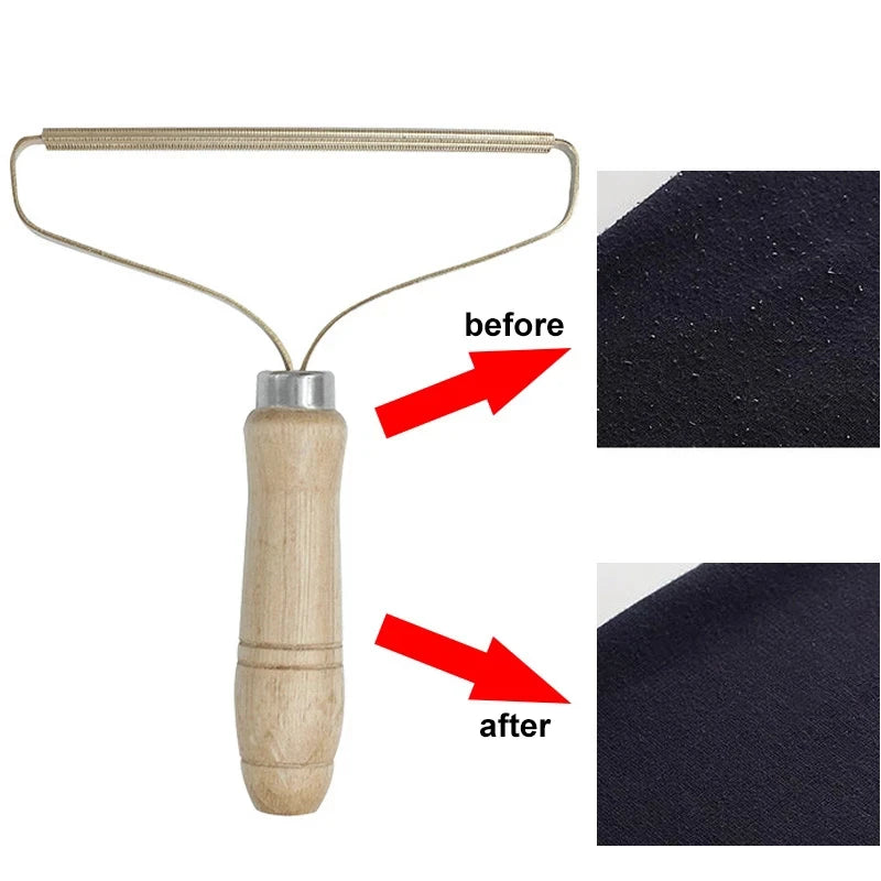 Diagram of the comb with before-and-after close-ups of navy fabric showing lint removed