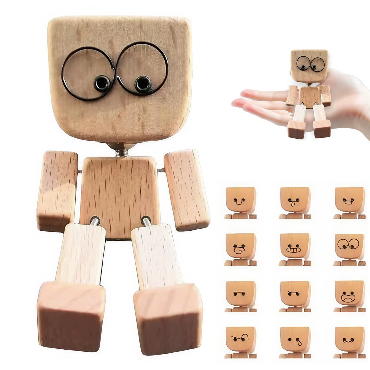 Wooden figurine with wire-loop eyes and jointed limbs, plus a hand-scale photo and a grid of 12 swappable faces