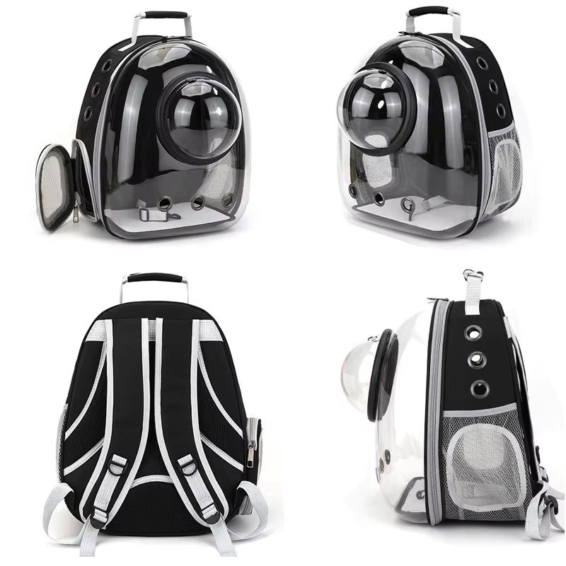 Four angle views of the closed carrier: open mesh side pocket, side profile, back straps, and three-quarter view