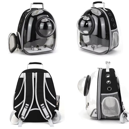 Four angle views of the closed carrier: open mesh side pocket, side profile, back straps, and three-quarter view