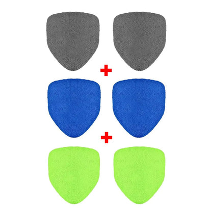 Six spare microfiber brush pads in grey, blue, and green pairs, arranged in rows
