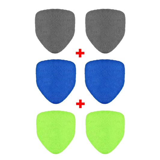 Six spare microfiber brush pads in grey, blue, and green pairs, arranged in rows