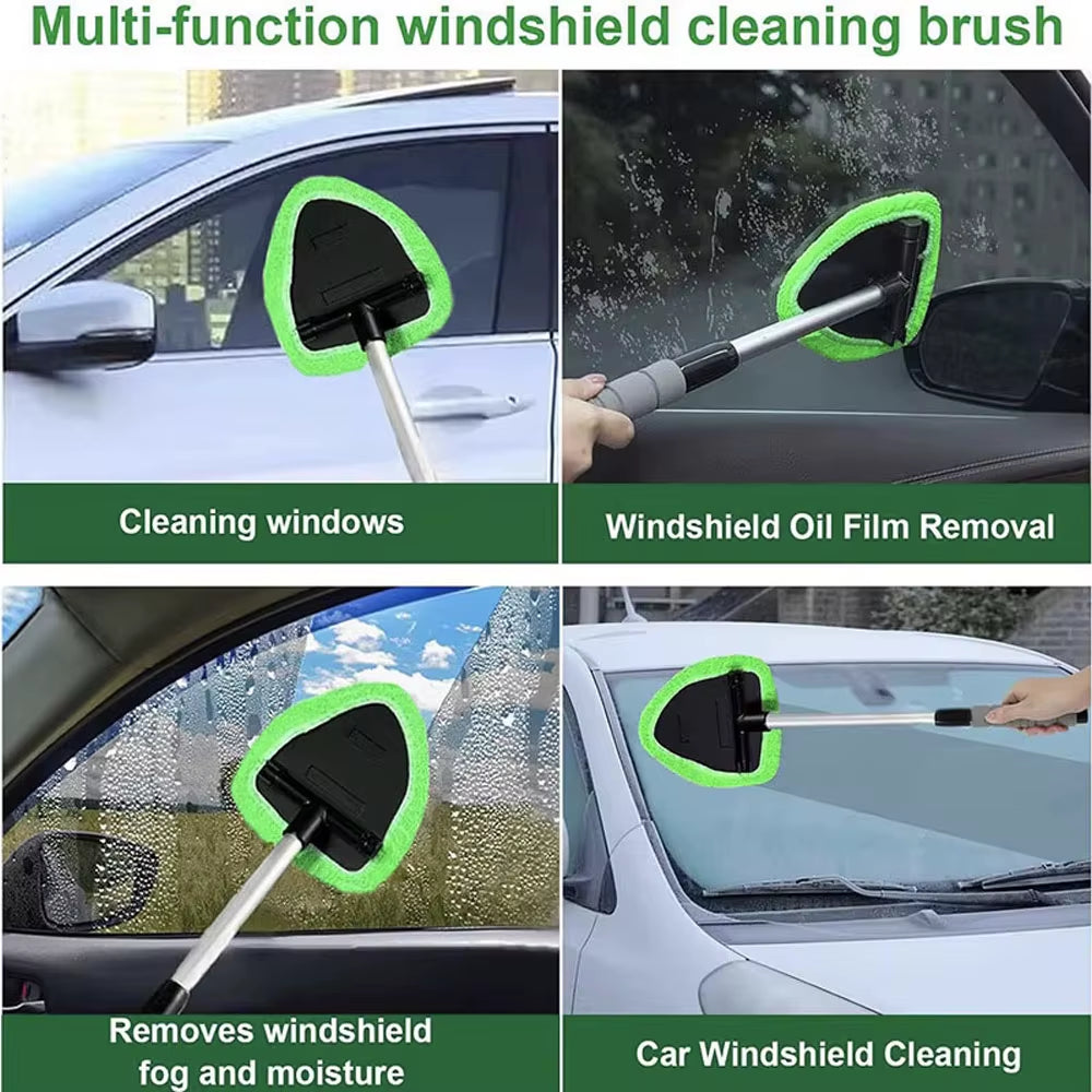 Four photos showing the brush cleaning car windows, removing oil film, defogging, and wiping glass