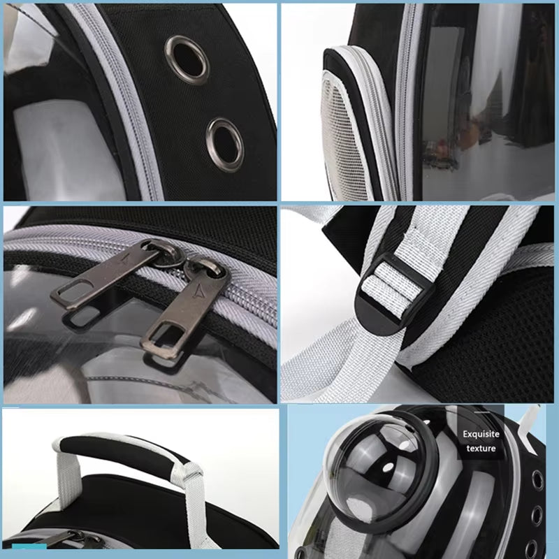 Six close-up detail shots: air holes, mesh side pocket, dual zippers, strap buckle, top carry handle, and bubble window