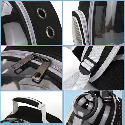 Six close-up detail shots: air holes, mesh side pocket, dual zippers, strap buckle, top carry handle, and bubble window