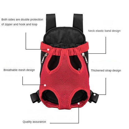 Red backpack with labeled features: double zipper and hook-loop protection, neck elastic band, breathable mesh, and thickened straps