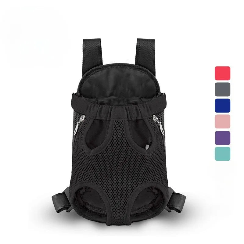 Black front-carry backpack, empty, front view with six color swatches shown alongside
