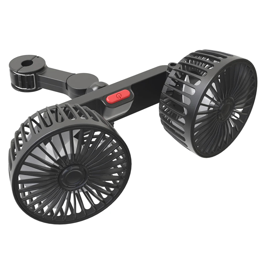 Angled 3D rendering of the dual fan unit showing the red power button and headrest clip mechanism