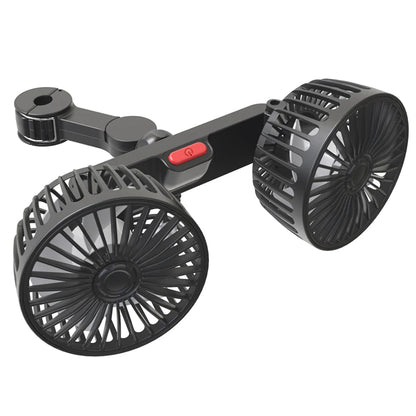 Angled 3D rendering of the dual fan unit showing the red power button and headrest clip mechanism