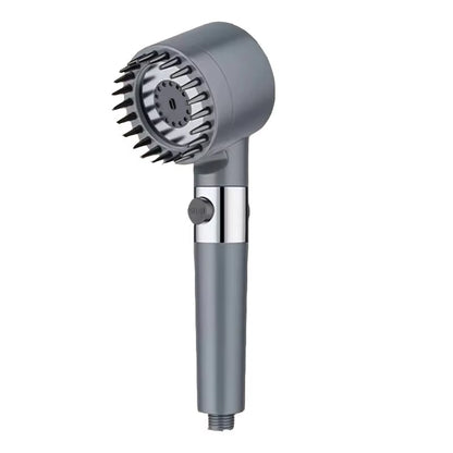 Grey shower head shown alone at an angle, white background