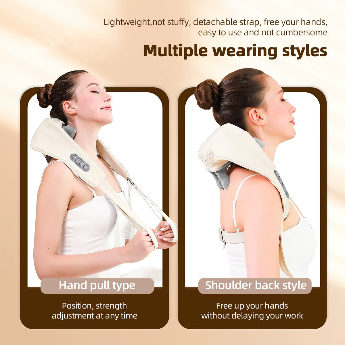 Two wearing styles compared side by side: hand-pull type and shoulder-back style, each modeled by a woman