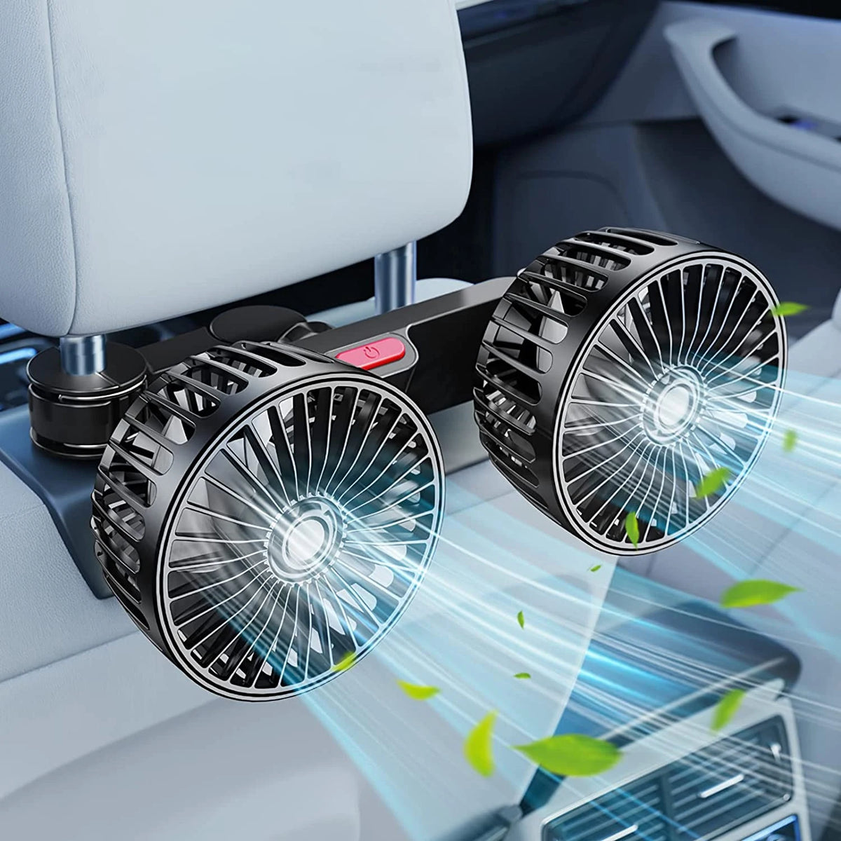 Fan clipped to a headrest with both heads angled forward, visible airflow streams and green leaf graphics