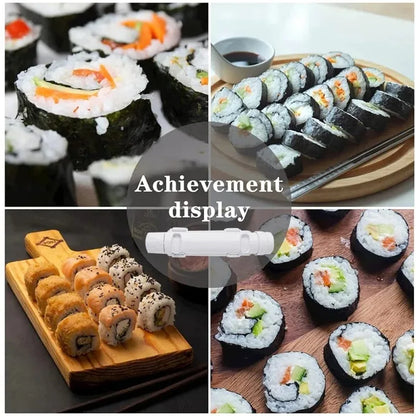 Four-photo collage titled Achievement Display showing finished sushi rolls on various plates and boards