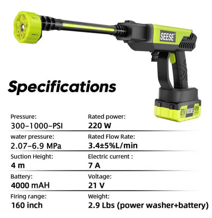 Specification sheet listing pressure, flow rate, suction height, battery capacity, and weight