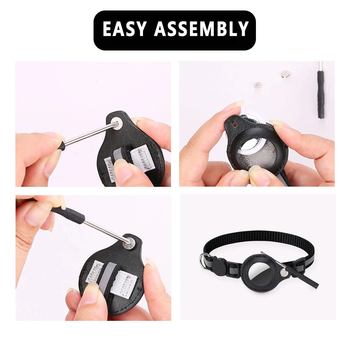 Four-step photo guide showing a screwdriver used to attach the AirTag holder to the collar strap
