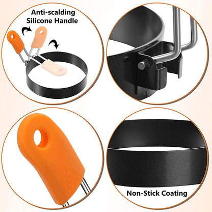 Four close-up panels of the anti-scalding silicone handle in orange, peach, and white, plus the hinge and non-stick band