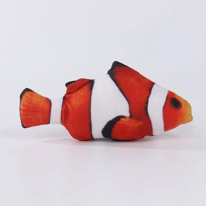 Realistic orange and white clownfish-print plush fish toy, side view on white background