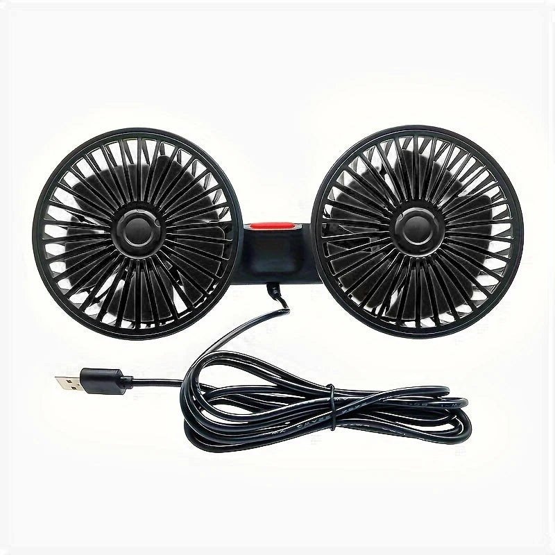 Product shot of the black dual-head fan with red power button and coiled USB cable on white background