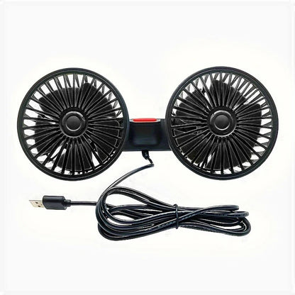 Product shot of the black dual-head fan with red power button and coiled USB cable on white background