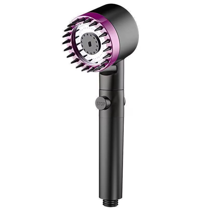 Black shower head with purple accent ring, angled studio shot on white background