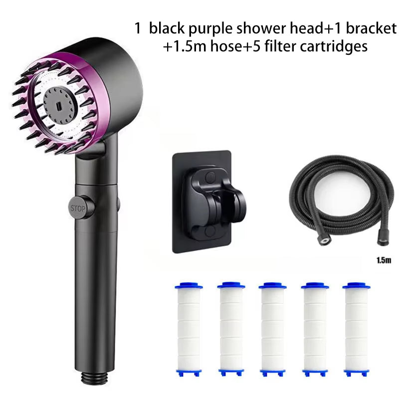 Black-purple shower head kit including bracket, 1.5-meter black hose and 5 filter cartridges laid out, white background