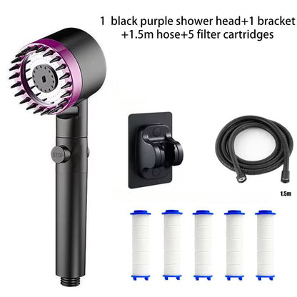 Black-purple shower head kit including bracket, 1.5-meter black hose and 5 filter cartridges laid out, white background