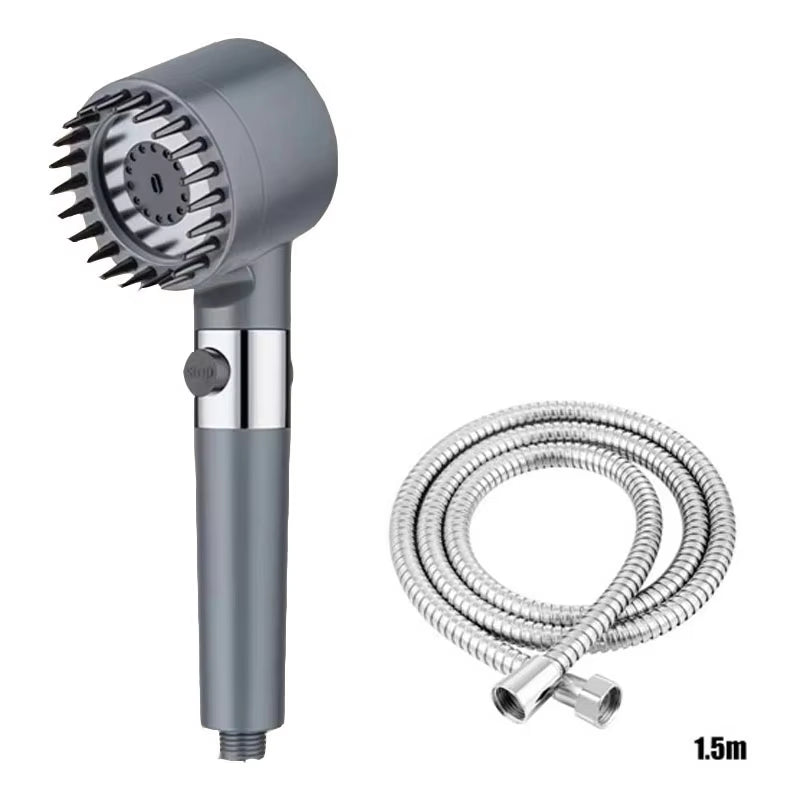 Grey shower head with a coiled 1.5-meter chrome hose, white background