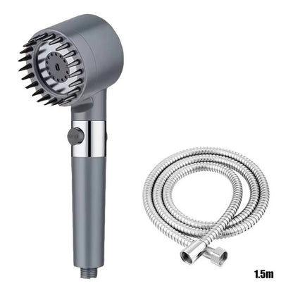 Grey shower head with a coiled 1.5-meter chrome hose, white background