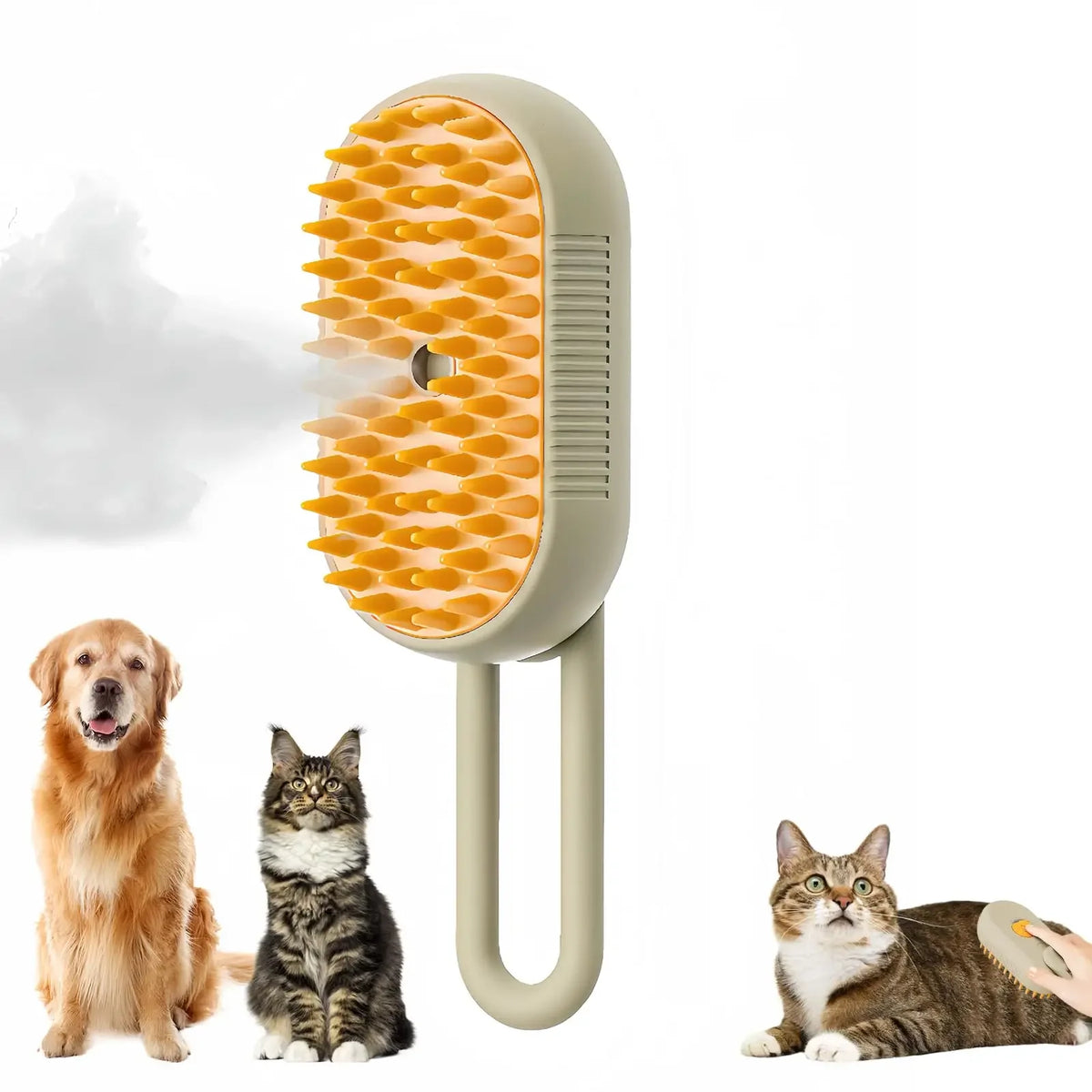 Olive-green steam brush with orange bristles emitting vapor beside a golden retriever and tabby cat