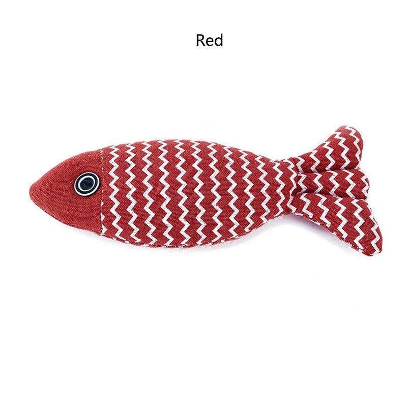 Red striped fabric fish toy with button eye, labeled Red, on white background