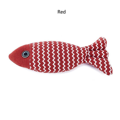 Red striped fabric fish toy with button eye, labeled Red, on white background
