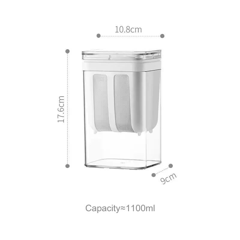 Dimension diagram of the small yogurt strainer: 10.8cm width, 17.6cm height, 9cm depth, 1100ml capacity