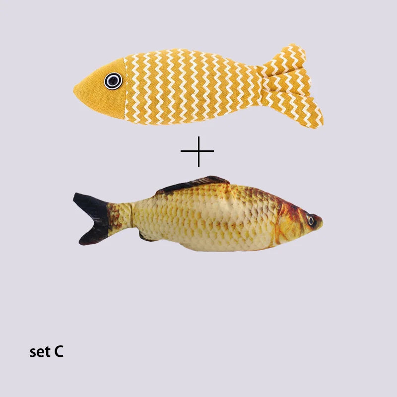 Yellow striped fabric fish toy paired with a realistic golden carp-print plush toy, labeled set C