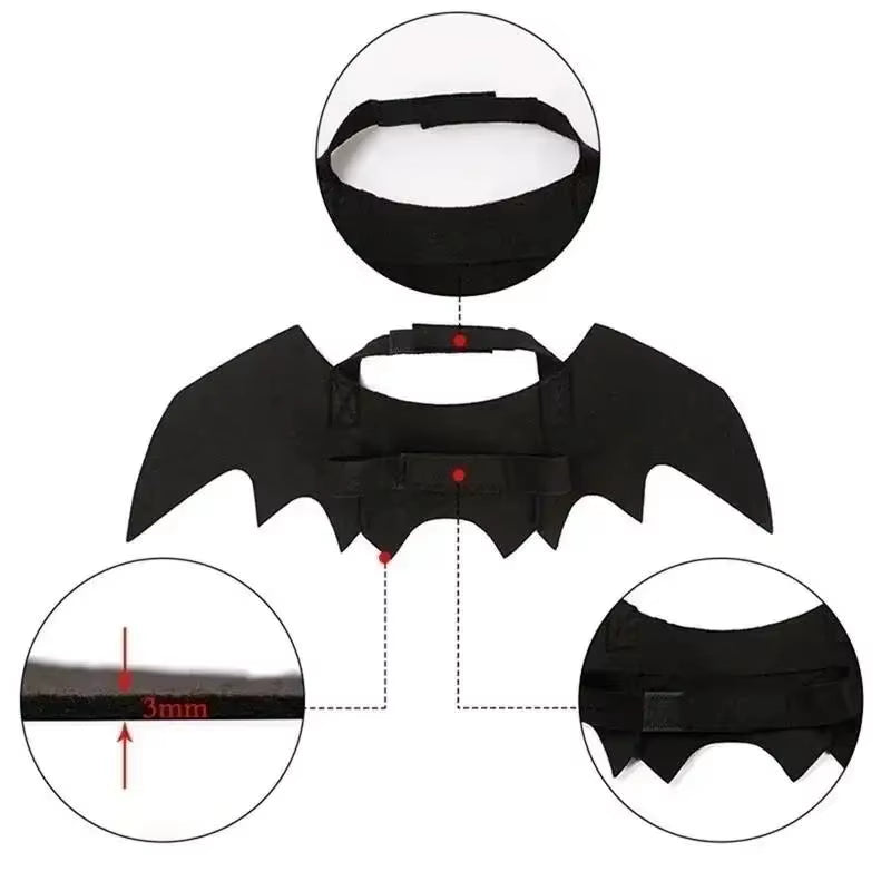Close-up diagram of the costume showing the neck loop, elastic strap, and wing seam thickness marked 3mm