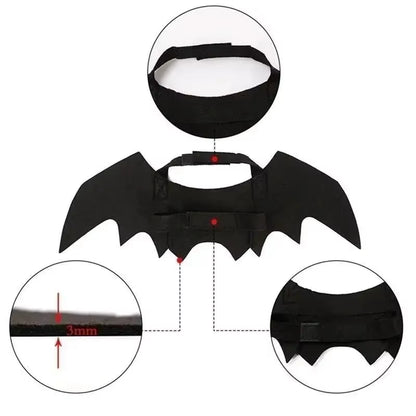 Close-up diagram of the costume showing the neck loop, elastic strap, and wing seam thickness marked 3mm