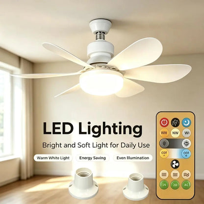 Fan light installed in a bright room with LED Lighting text overlay and two E27 socket adapters shown below
