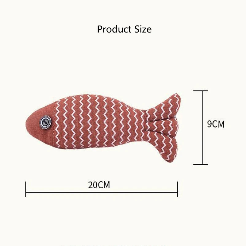 Rust-colored striped fabric fish toy with size labeled 20cm long by 9cm tall, on cream background
