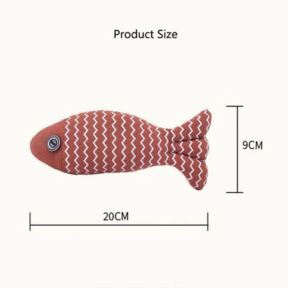 Rust-colored striped fabric fish toy with size labeled 20cm long by 9cm tall, on cream background