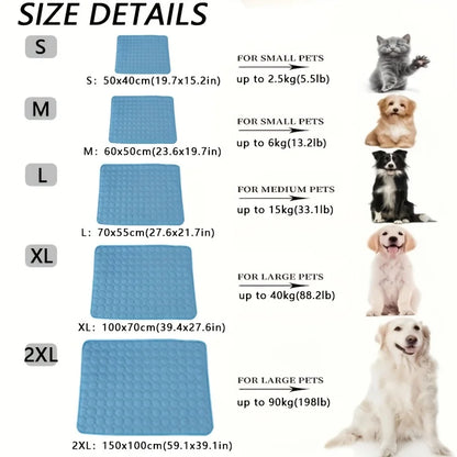 Size chart graphic showing S, M, L, XL, 2XL mat dimensions and matching pet weights from 2.5kg to 90kg