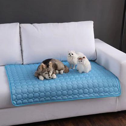 Blue cooling mat draped over a white sofa cushion with a plush husky and two small white plush toy pets on it