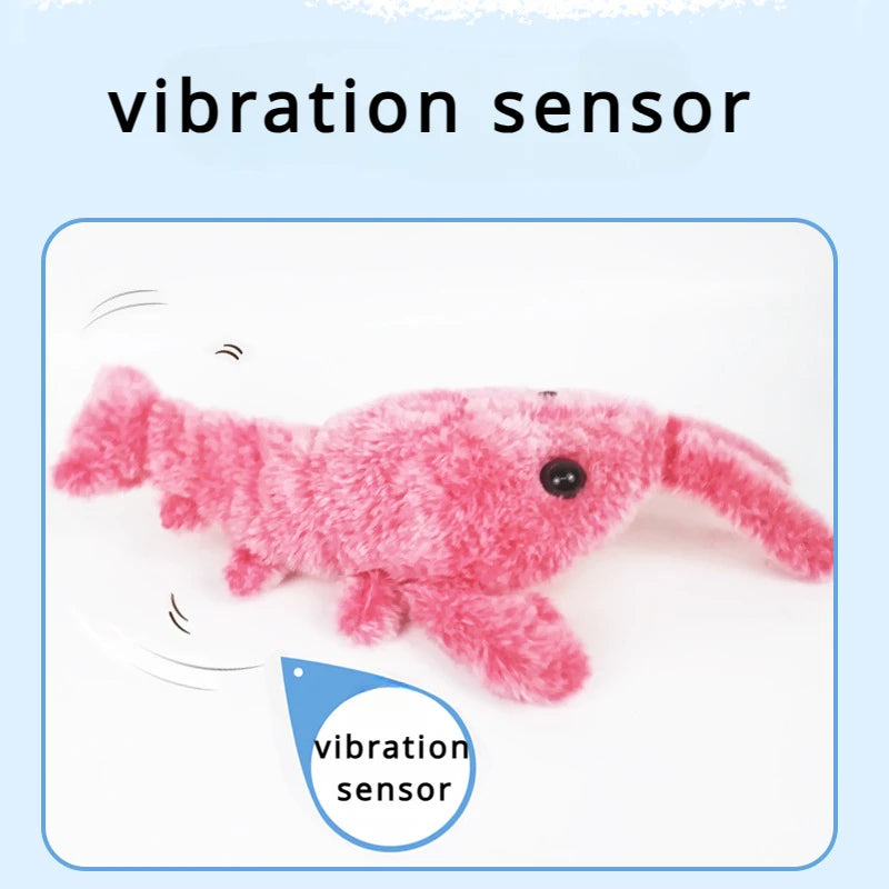 Vibration sensor graphic showing the pink plush shrimp toy on white background with motion lines at the head and tail
